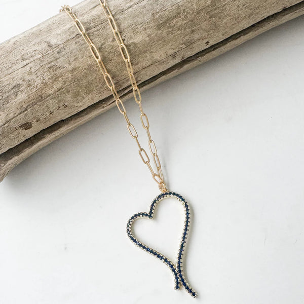 Virtue - CZ Script Drop Heart Necklace in Navy