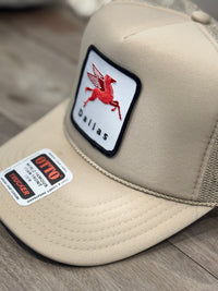 Dallas hat in khaki with red pegasus patch on the front