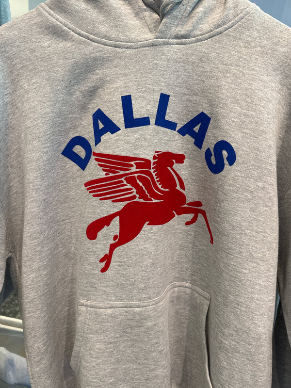 Dallas Hoodie with blue Dallas and red pegasus 