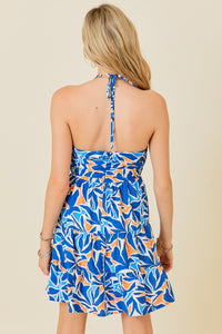 Tropical Print V-Neck Halter Neck Tiered Dress