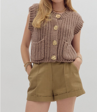 Solid Sweater Knit Sleeveless Vest Top Featuring Gold Button-Mocha Mousse
