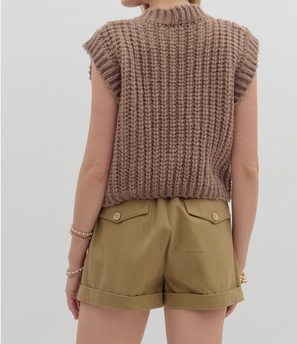 Solid Sweater Knit Sleeveless Vest Top Featuring Gold Button-Mocha Mousse