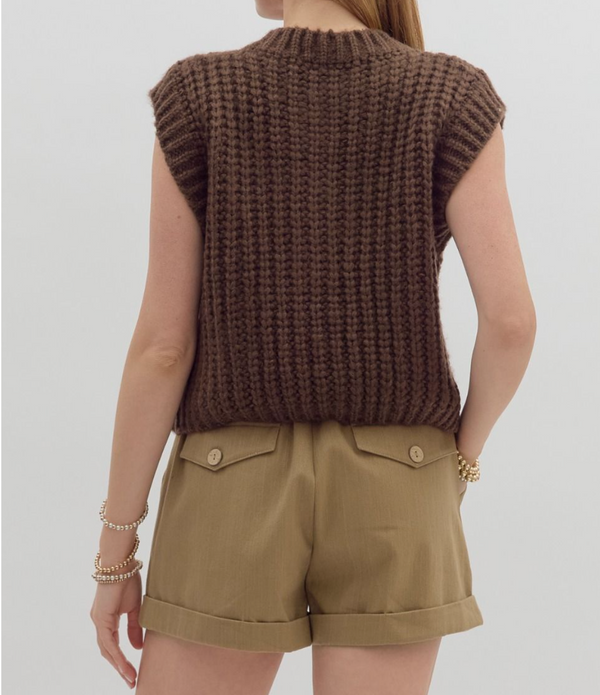 Solid Sweater Knit Sleeveless Vest Top Featuring Gold Button-Brown
