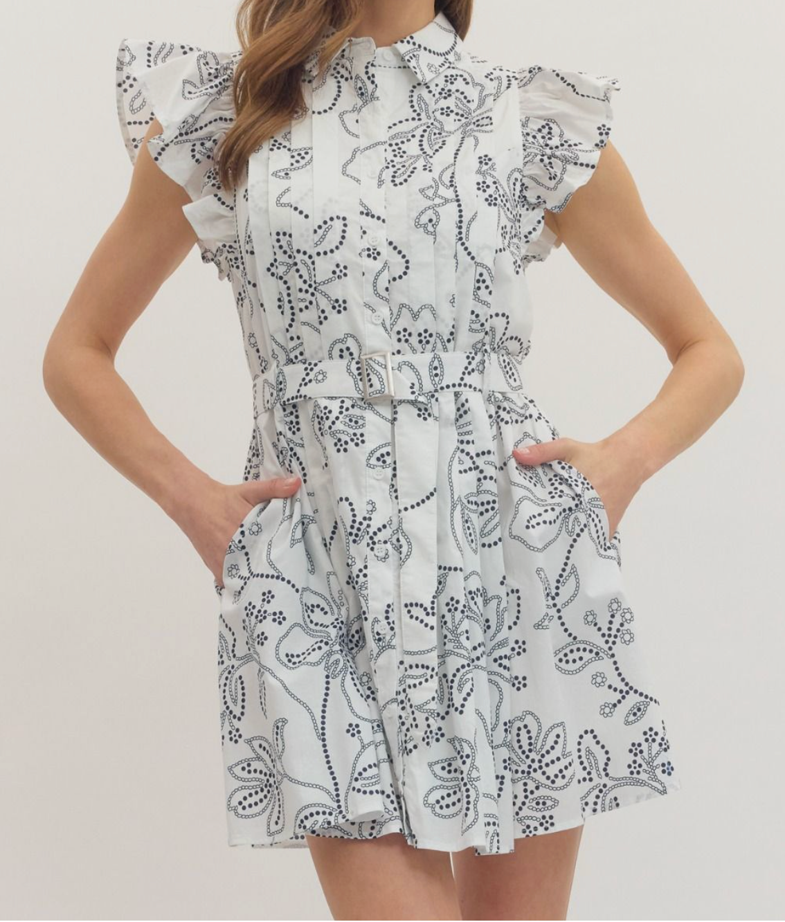 Entro Belted Blue and White Dress