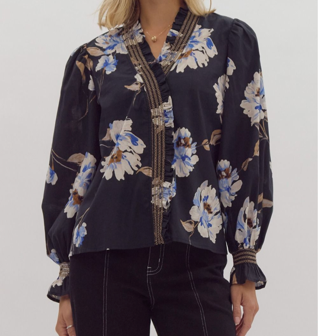 Floral Print Ruffle V-Neck Long Sleeve Top