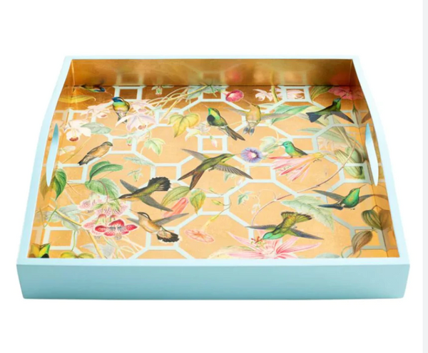 Caspari Hummingbird Trey 14x14 light Blue with gold inlay and hummingbirgs