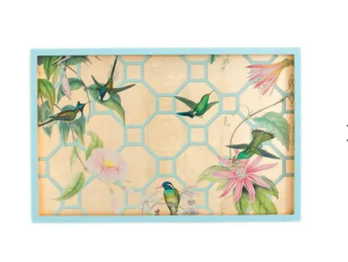 Caspari Small Rectangle humming Bird Tray light blue edge with gold humming bird design inside