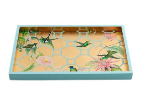 Side view of the gold humming bird tray by Caspari