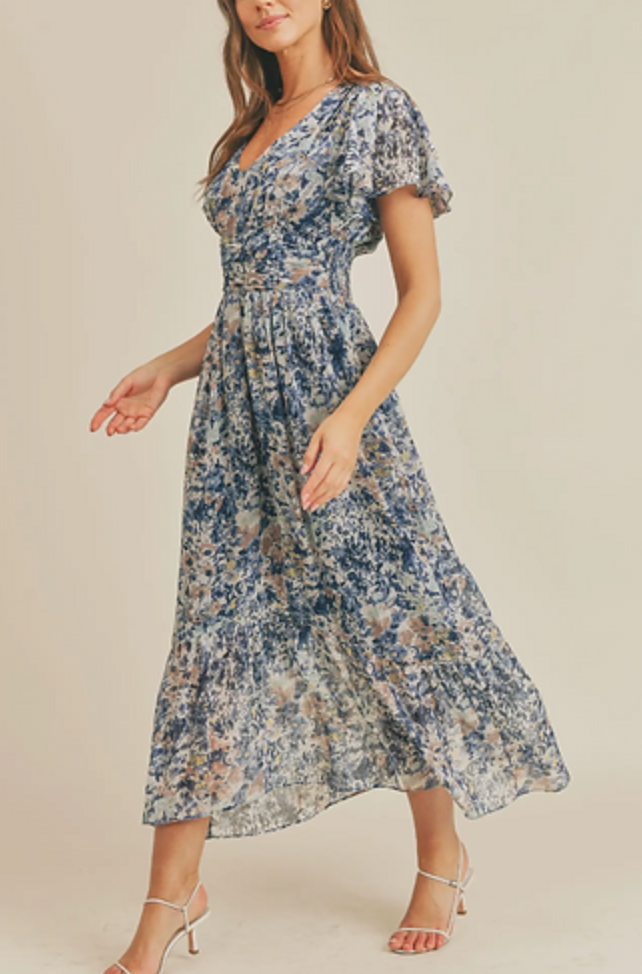Reset By Jane Lyric Silky Blue Floral Maxi Dress Blue Combo
