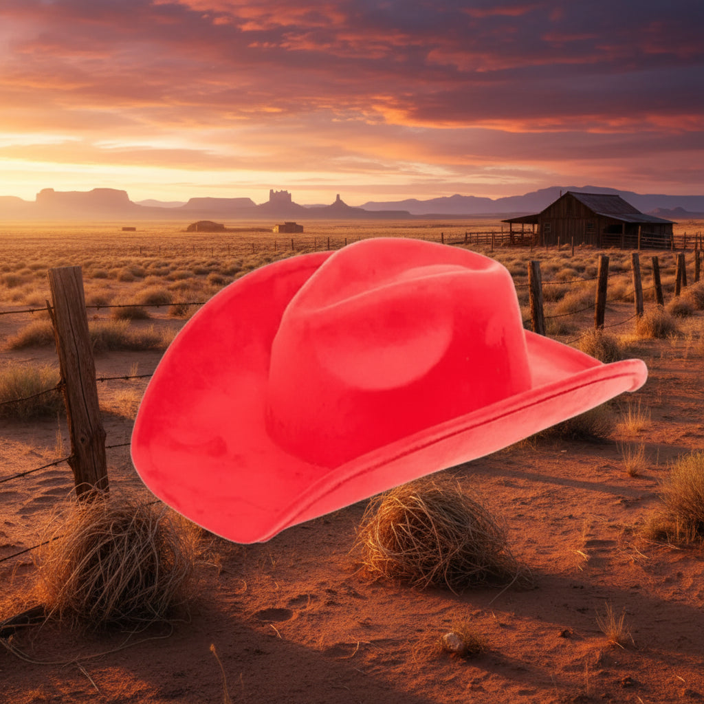 Red cowboy hat on a western background