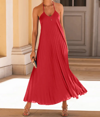 Eleanor Pleated Halter Maxi Dress - Red