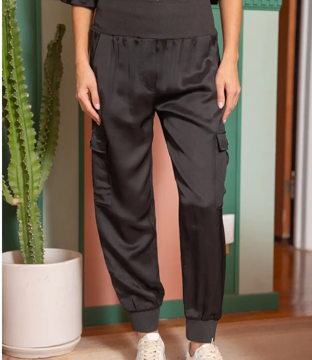 Rib Banded Satin Jogger Pants-Black