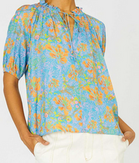 Current Air Short Sleeve Ruffled Blue and Orange Blouse