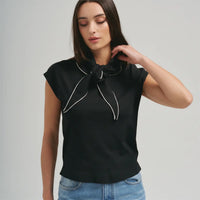 Scarf Bow Tie Knit Top - Black
