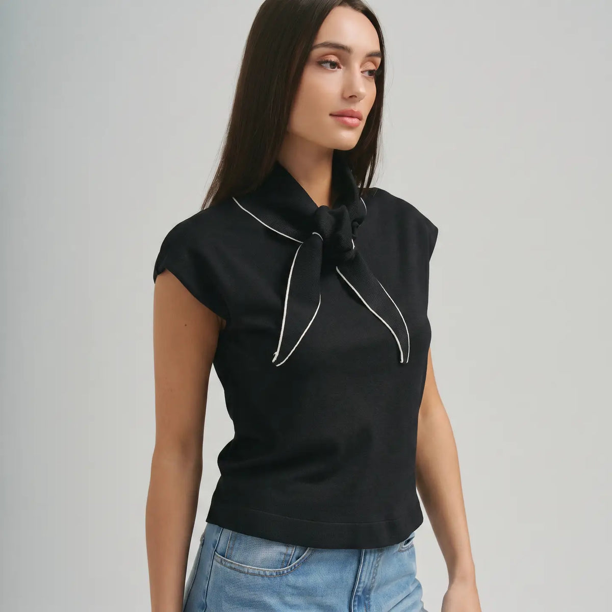 Scarf Bow Tie Knit Top - Black
