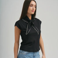 Scarf Bow Tie Knit Top - Black