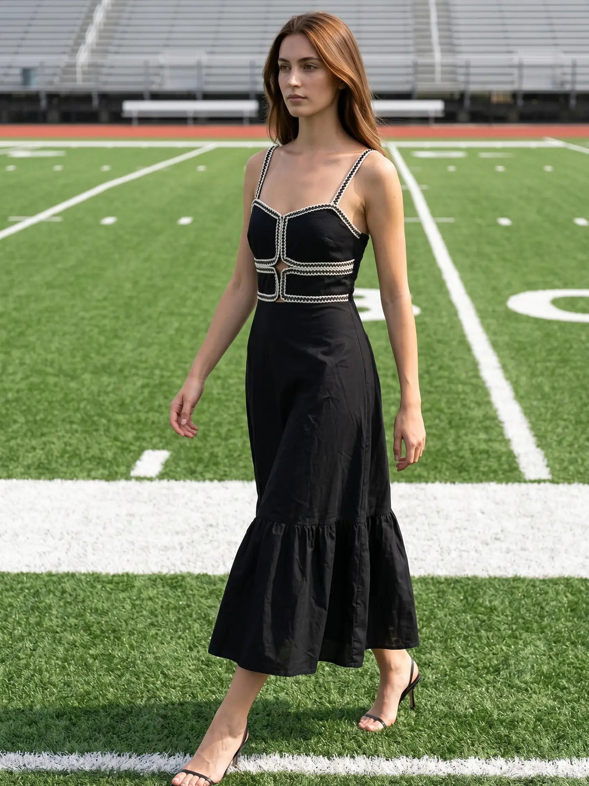 Sweetheart Neckline Midi Dress with Lace Trim Detail