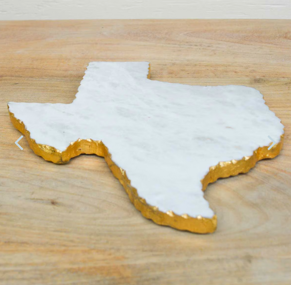 Side View of the Texas Shaped Marble Serving Tray with Gold Edge 